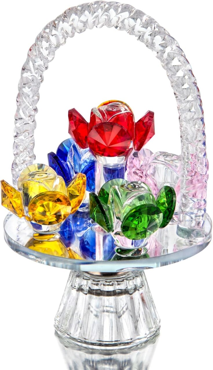 Colorful Crystal Flower Basket Figurine – Glass Flower with Rotating Base for Home, Table & Gift Decor